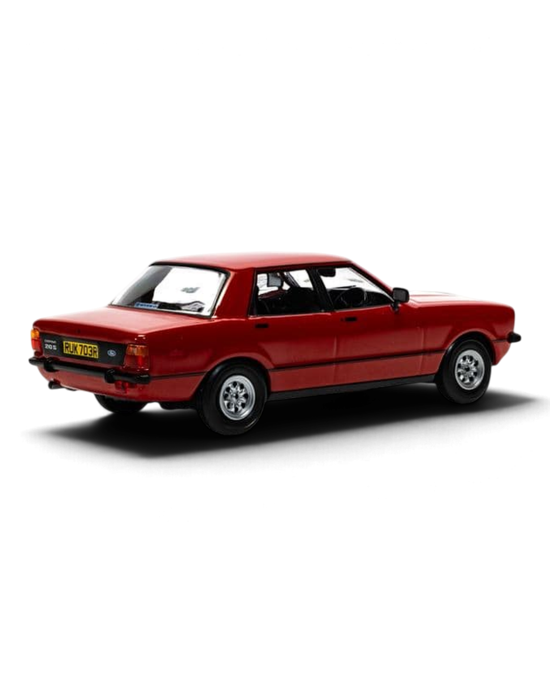 Corgi Vanguards 1:43 Ford Cortina Mk4 2.0S die-cast model in Venetian Red, rear three-quarter view