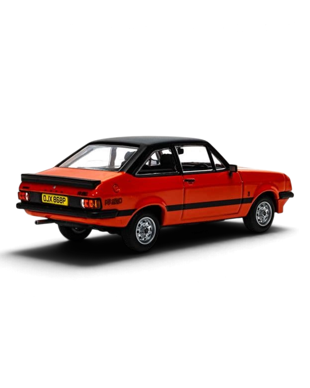 Corgi Vanguards 1:43 Ford Escort Mk2 RS2000 die-cast model in Carnival Red with black roof, rear three-quarter view