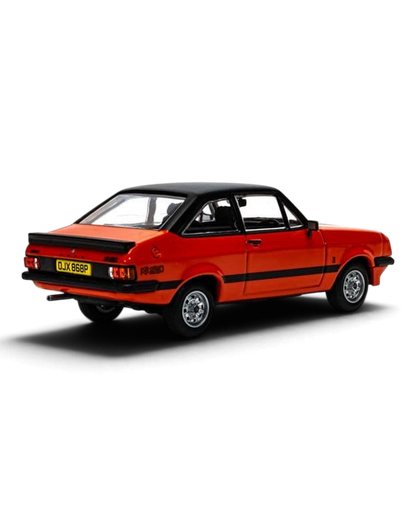 Corgi Vanguards 1:43 Ford Escort Mk2 RS2000 die-cast model in Carnival Red with black roof, rear three-quarter view