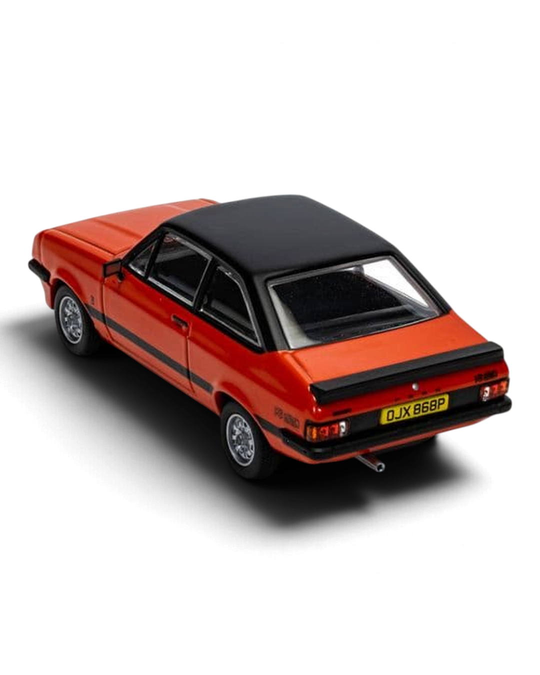 Corgi Vanguards 1:43 Ford Escort Mk2 RS2000 die-cast model in Carnival Red with black roof, high rear view