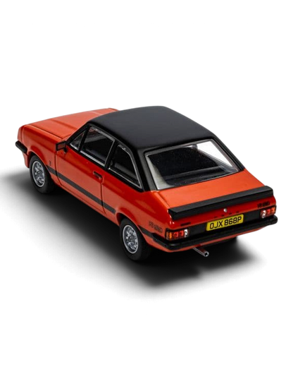 Corgi Vanguards 1:43 Ford Escort Mk2 RS2000 die-cast model in Carnival Red with black roof, high rear view