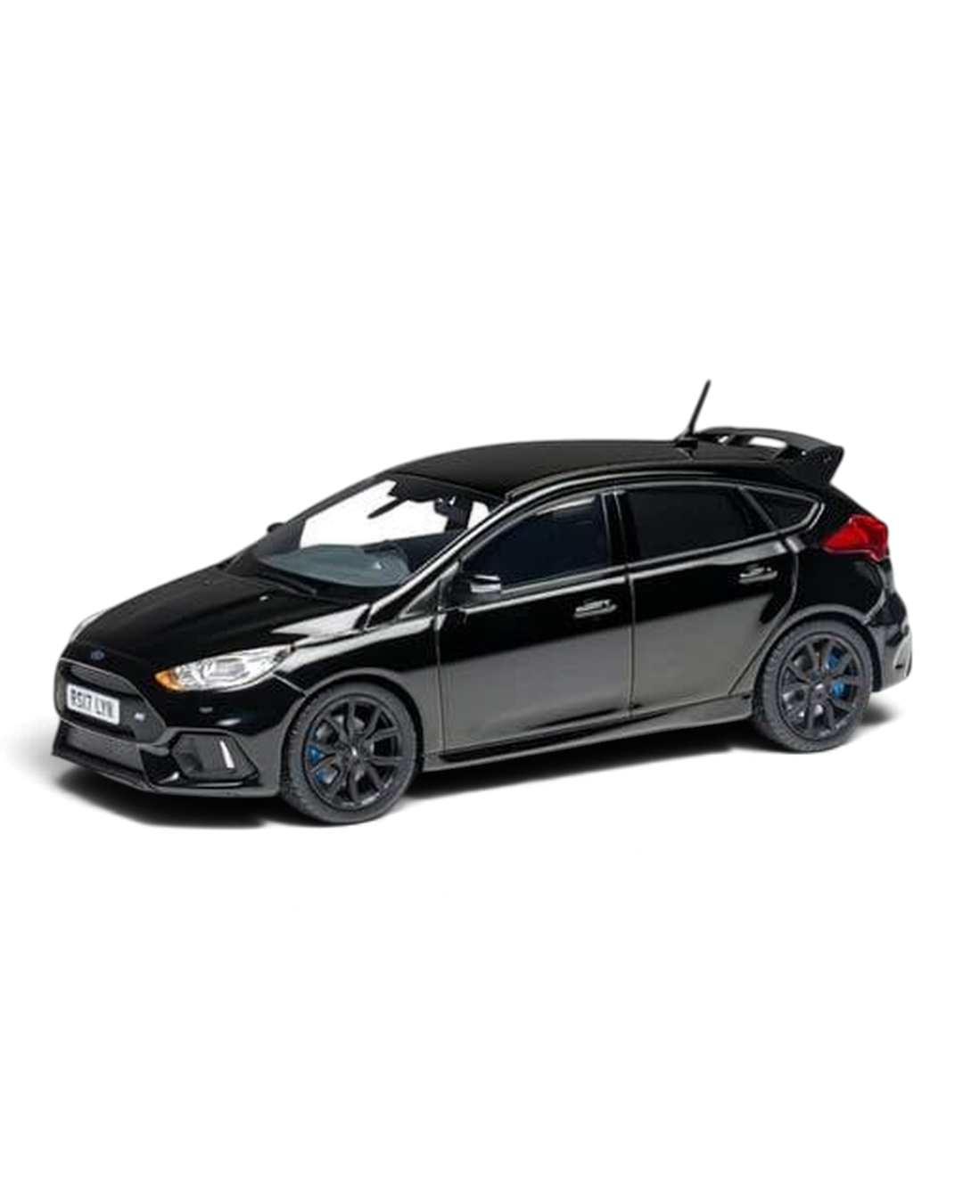 Corgi Vanguards 1:43 Ford Focus Mk3 RS die-cast model in Shadow Black with black wheels and blue brake calipers