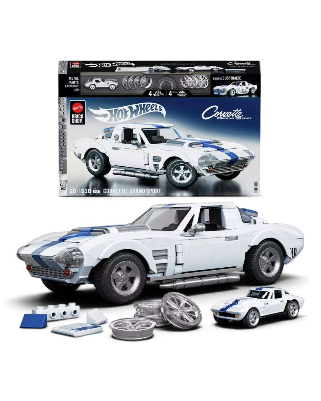 VaultifyUK Mattel Brick Shop Corvette Grand Sport building set with 1:16 scale model, 1:64 die-cast car, and parts.