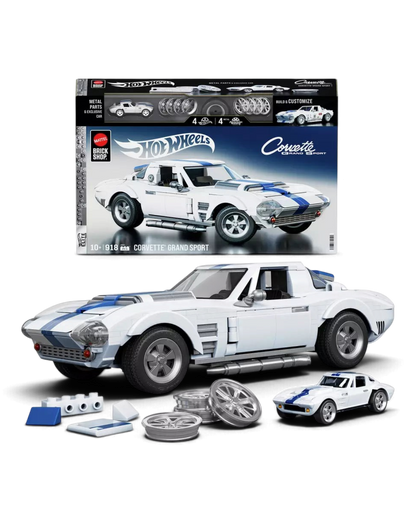 VaultifyUK Mattel Brick Shop Corvette Grand Sport building set with 1:16 scale model, 1:64 die-cast car, and parts.
