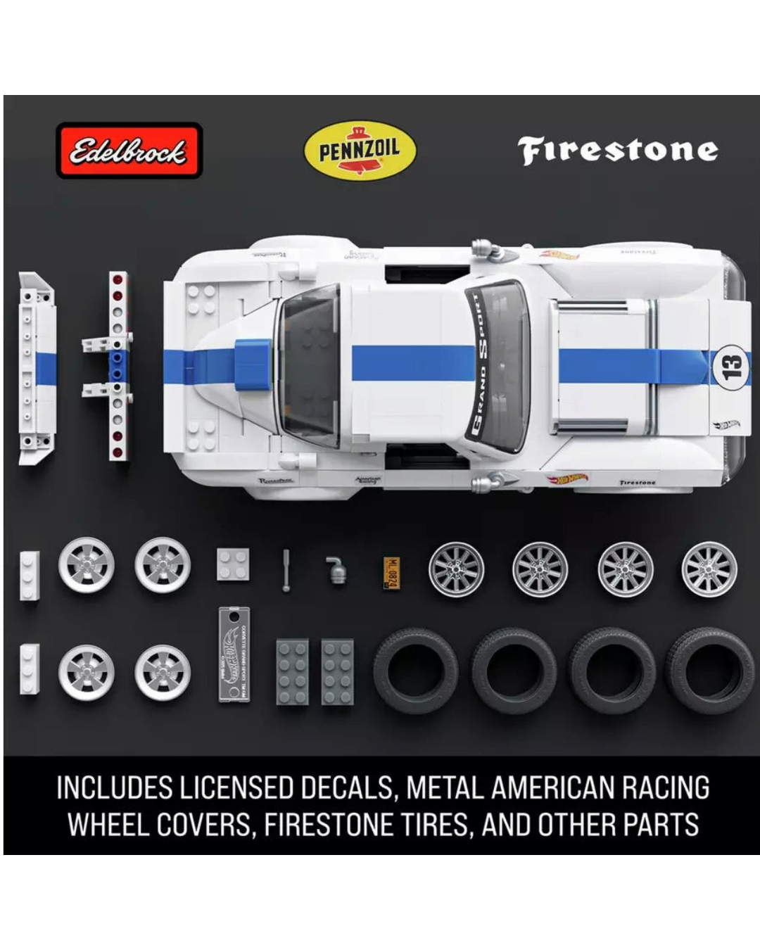VaultifyUK Hot Wheels Corvette Grand Sport building set with metal wheel covers, Firestone tires, and display parts.