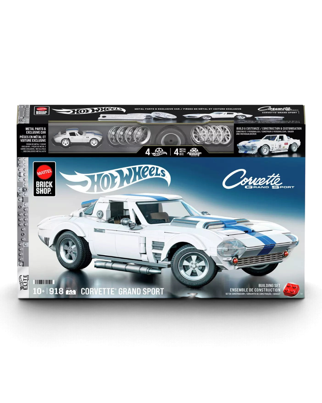 VaultifyUK Mattel Brick Shop Corvette Grand Sport building set box showing the white race car model and accessories.