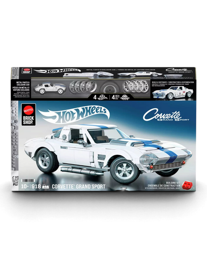 VaultifyUK Mattel Brick Shop Corvette Grand Sport building set box showing the white race car model and accessories.