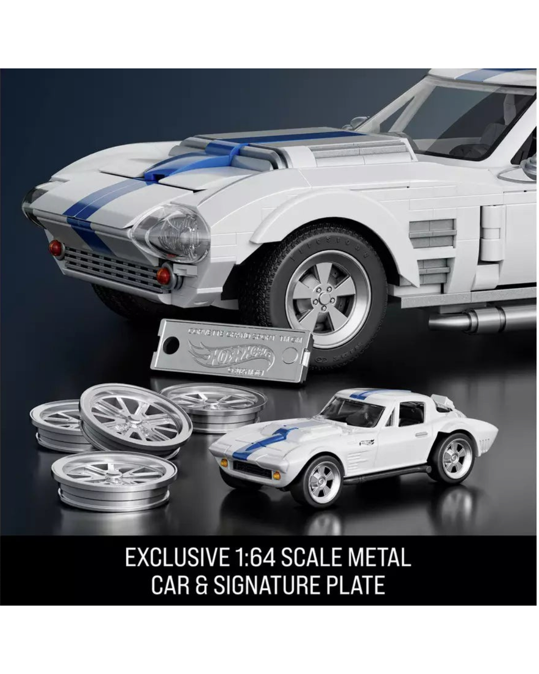 VaultifyUK Hot Wheels Corvette Grand Sport building set with 1:64 scale metal car, signature plate, and spare wheels