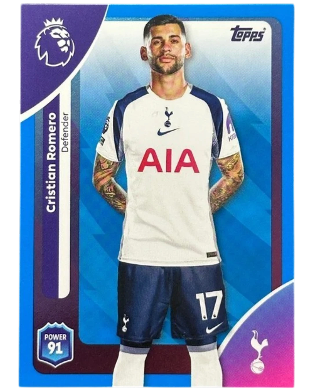 VaultifyUK 2025/26 Topps Premier League Cristian Romero blue parallel football card featuring the Tottenham defender
