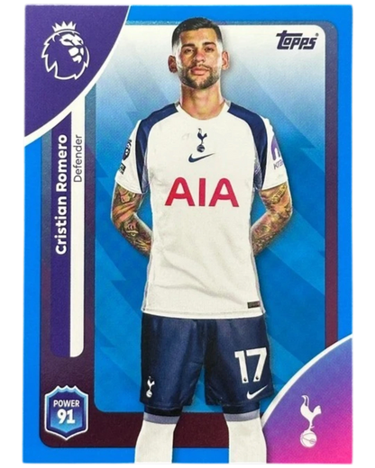 VaultifyUK 2025/26 Topps Premier League Cristian Romero blue parallel football card featuring the Tottenham defender