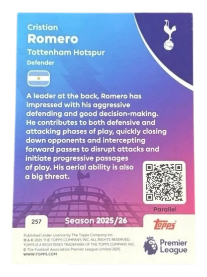VaultifyUK 2025/26 Topps Premier League Cristian Romero blue parallel trading card back featuring player bio and stats