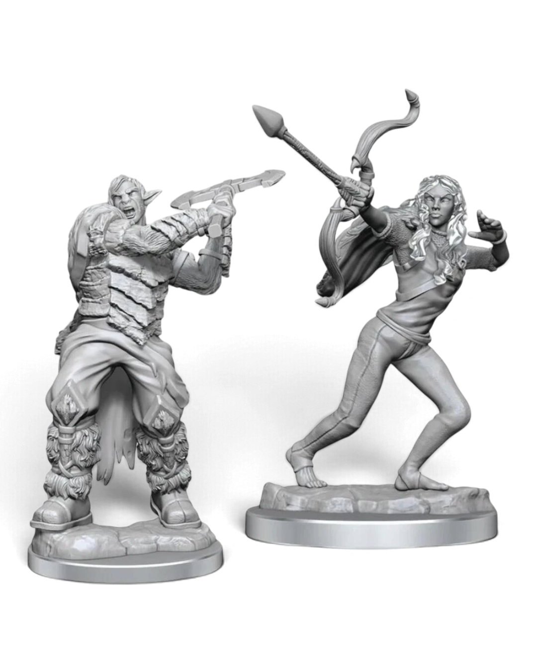 VaultifyUK Critical Role unpainted Ashari Stoneguard and Skydancer tabletop miniatures with detailed sculpting.