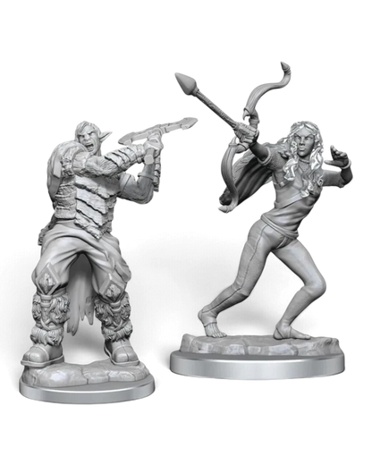 VaultifyUK Critical Role unpainted Ashari Stoneguard and Skydancer tabletop miniatures with detailed sculpting.