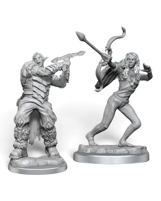 VaultifyUK Critical Role unpainted Ashari Stoneguard and Skydancer tabletop miniatures with detailed sculpting.