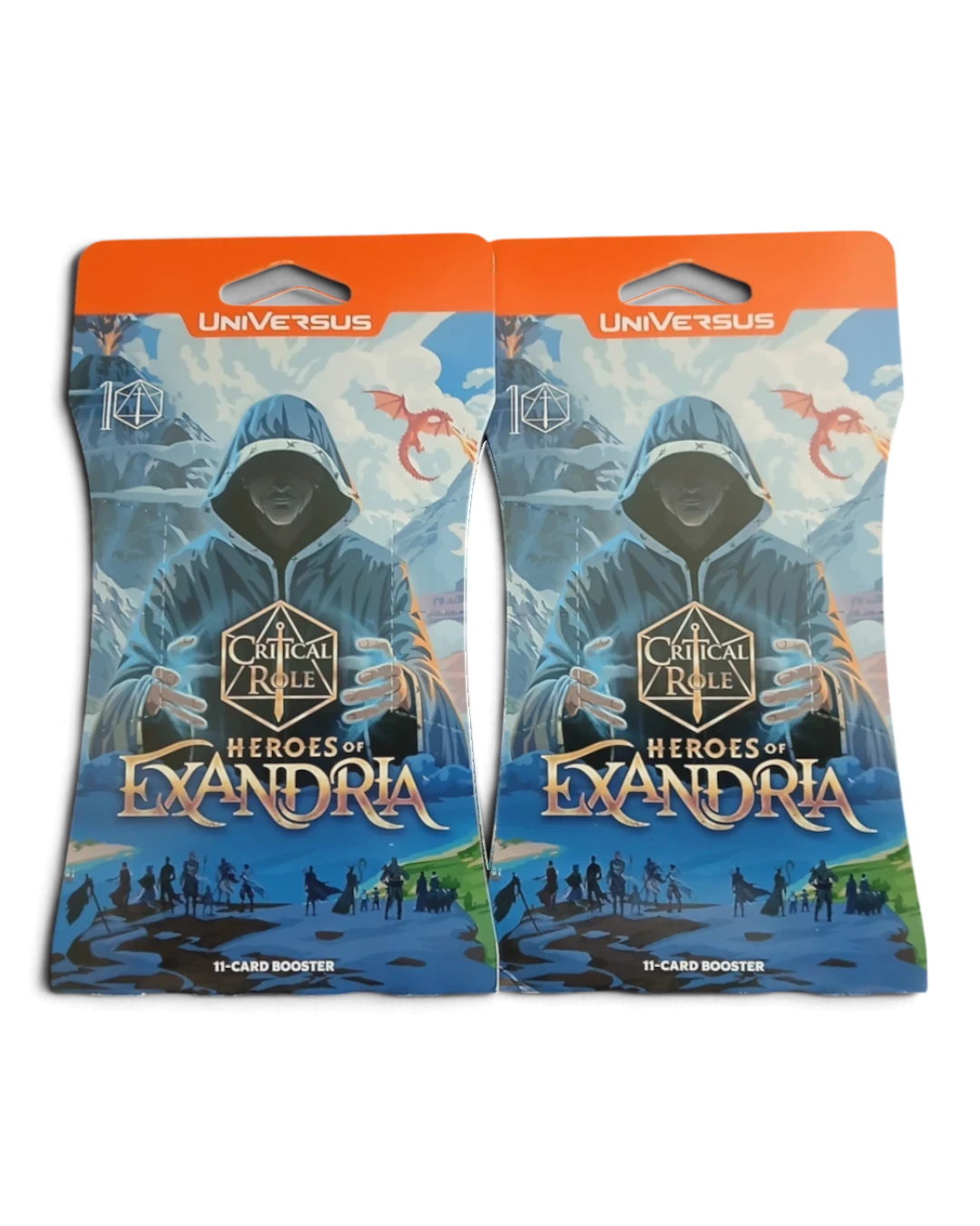 Two VaultifyUK UniVersus Critical Role Heroes of Exandria 11-card booster packs featuring hooded character artwork