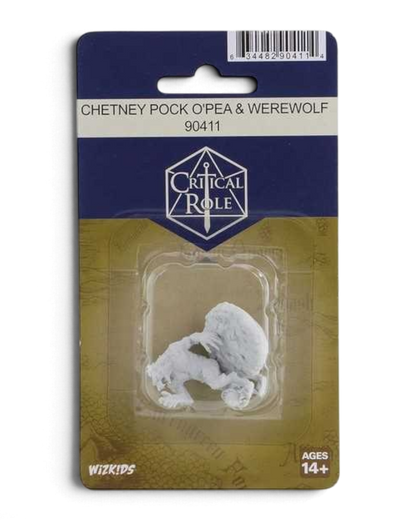 VaultifyUK Critical Role unpainted Chetney Pock O'Pea and werewolf miniature set in original blister packaging.