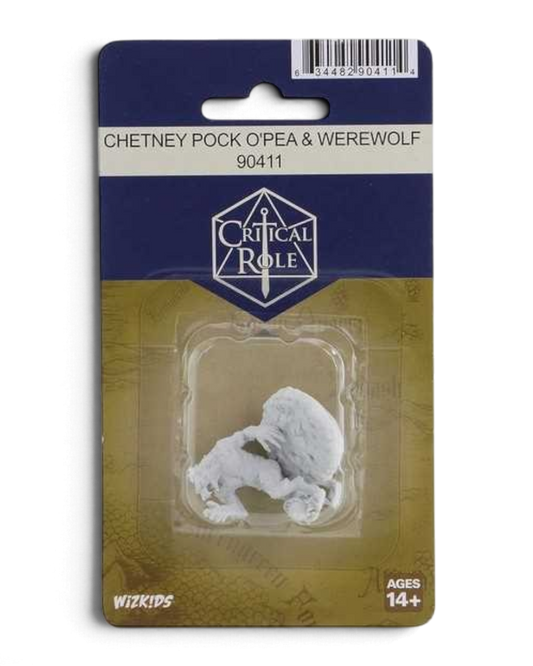 VaultifyUK Critical Role unpainted Chetney Pock O'Pea and werewolf miniature set in original blister packaging.