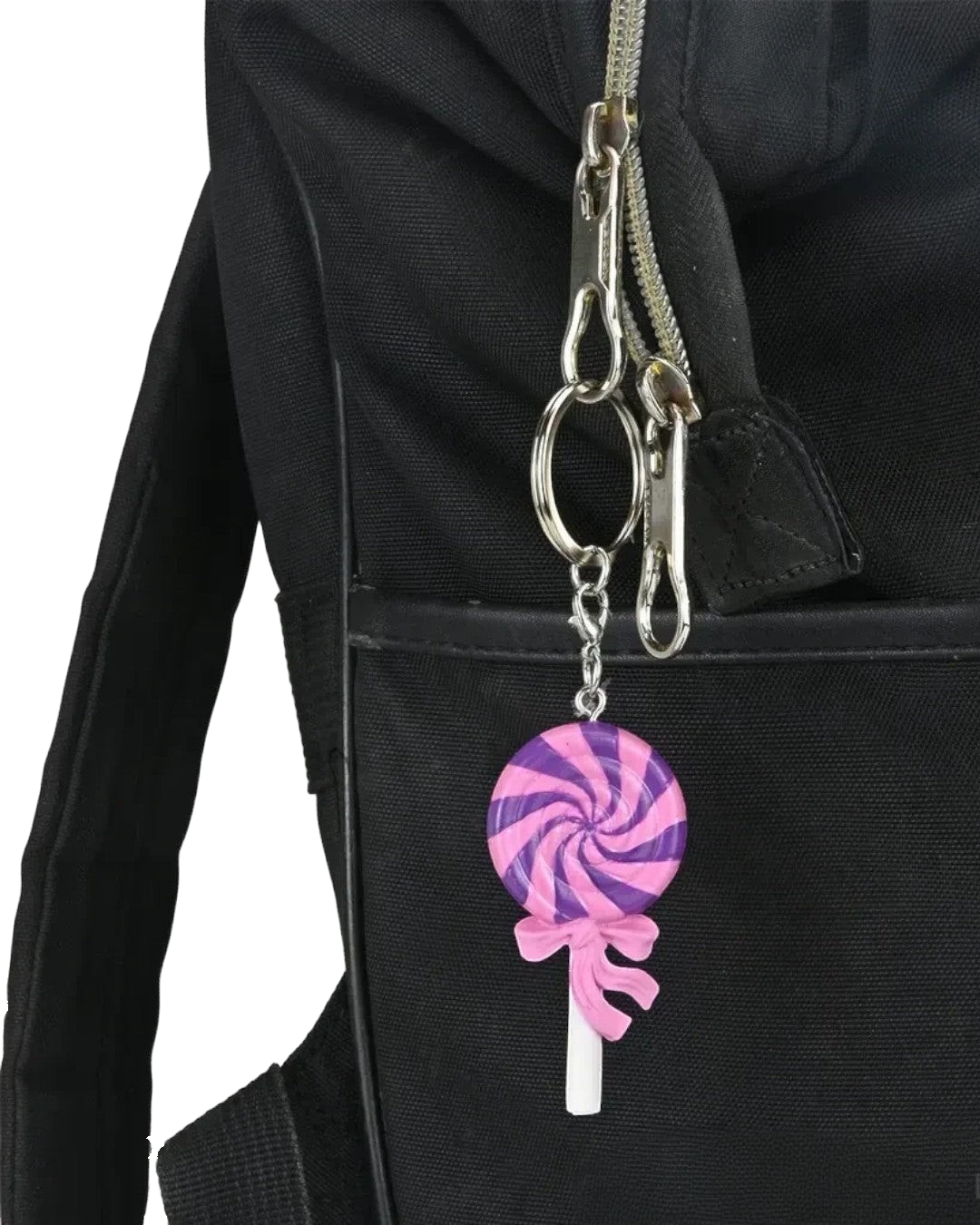 VaultifyUK Critical Role Jester's Lollipop food charm attached to a black backpack zipper