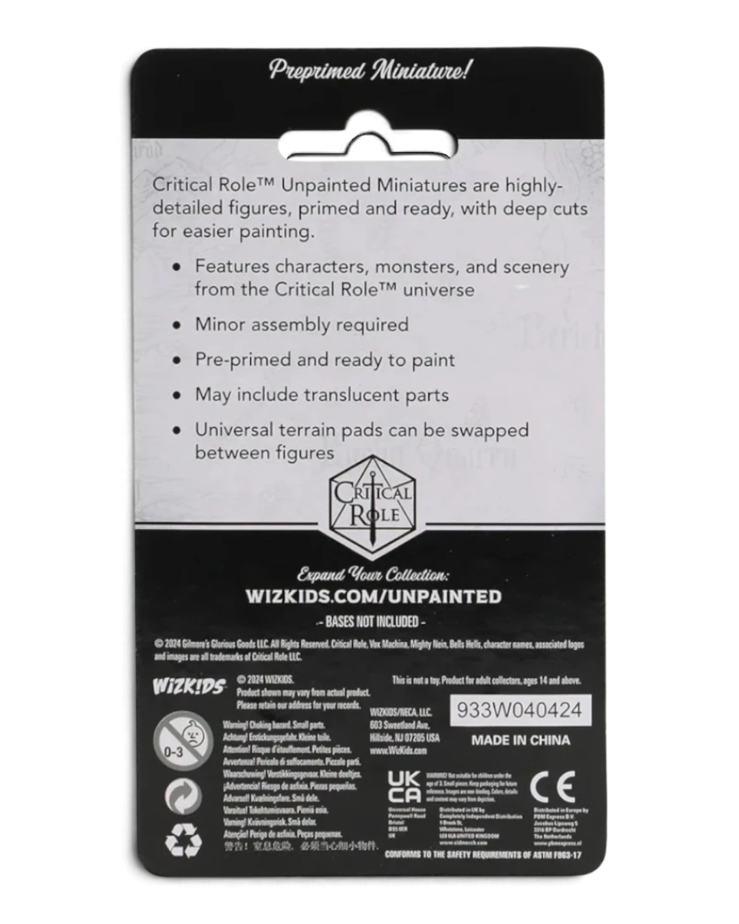 VaultifyUK Critical Role unpainted miniatures packaging back view with product information and safety warnings