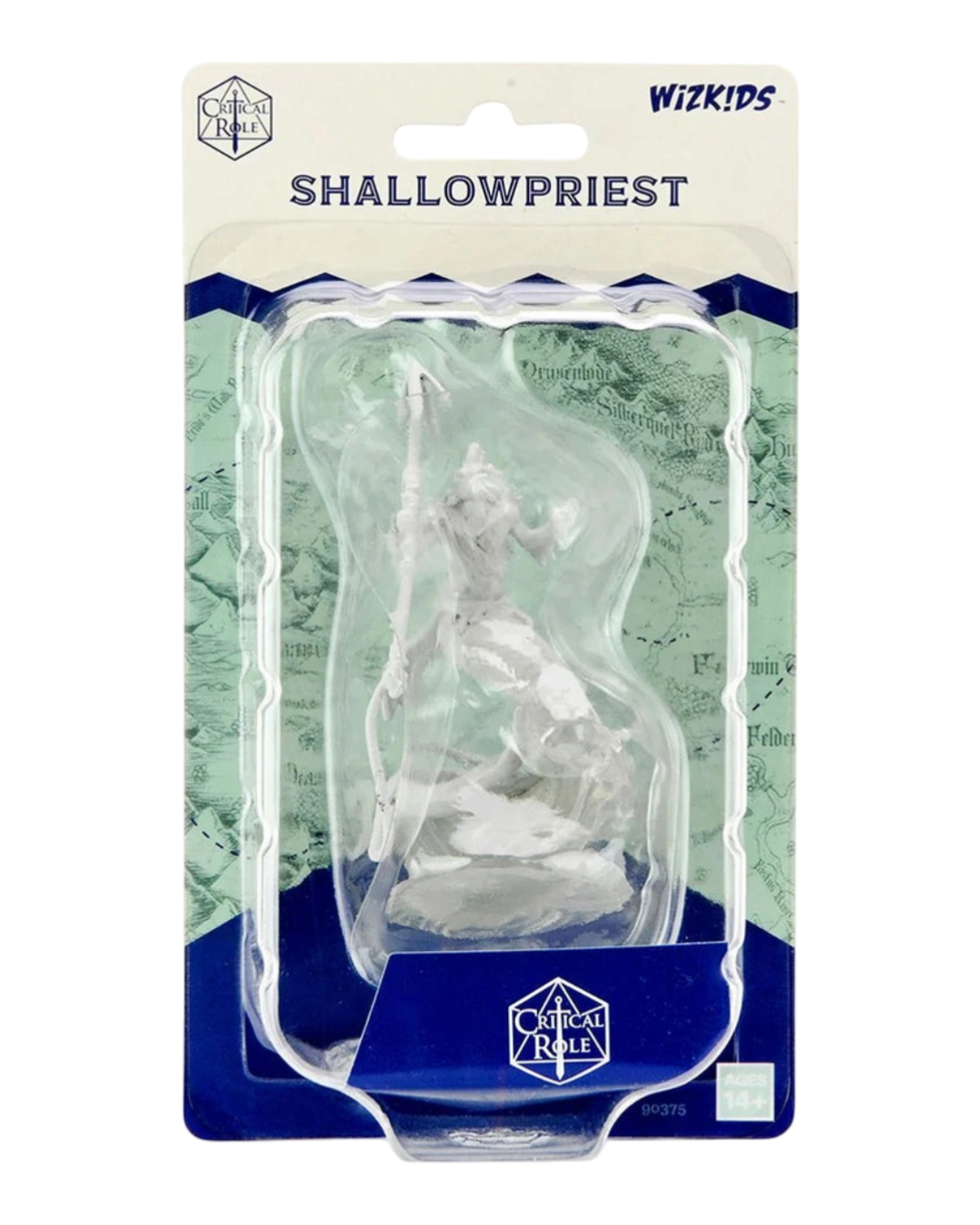 VaultifyUK Critical Role Merrow Shallowpriest unpainted miniature in blister packaging with water-effect base