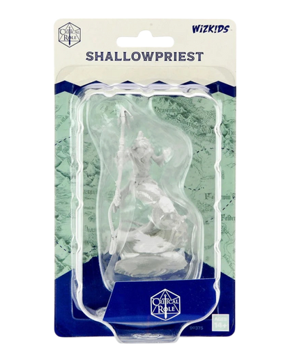 VaultifyUK Critical Role Merrow Shallowpriest unpainted miniature in blister packaging with water-effect base