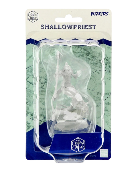 VaultifyUK Critical Role Merrow Shallowpriest unpainted miniature in blister packaging with water-effect base