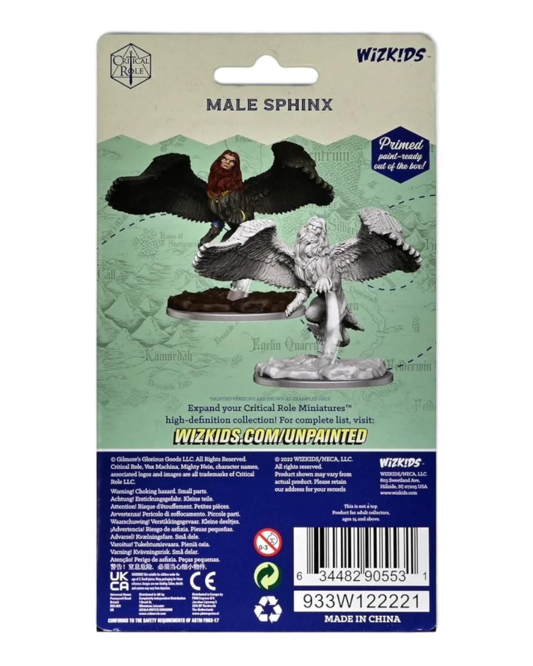 VaultifyUK Critical Role male Sphinx unpainted miniature in blister packaging with painted example on the card back