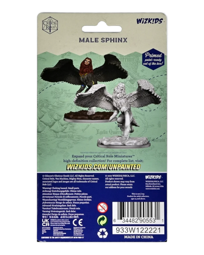 VaultifyUK Critical Role male Sphinx unpainted miniature in blister packaging with painted example on the card back