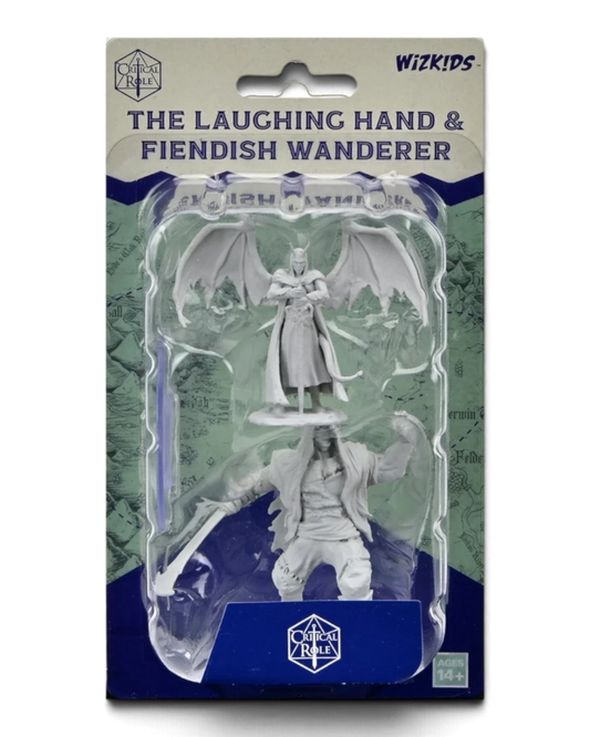 VaultifyUK Critical Role unpainted miniatures of The Laughing Hand and Fiendish Wanderer in blister packaging.
