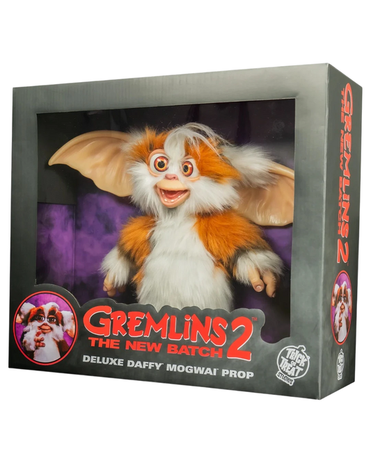 VaultifyUK 1:1 scale Daffy Mogwai prop from Gremlins 2 in its branded window display box with orange and white faux fur