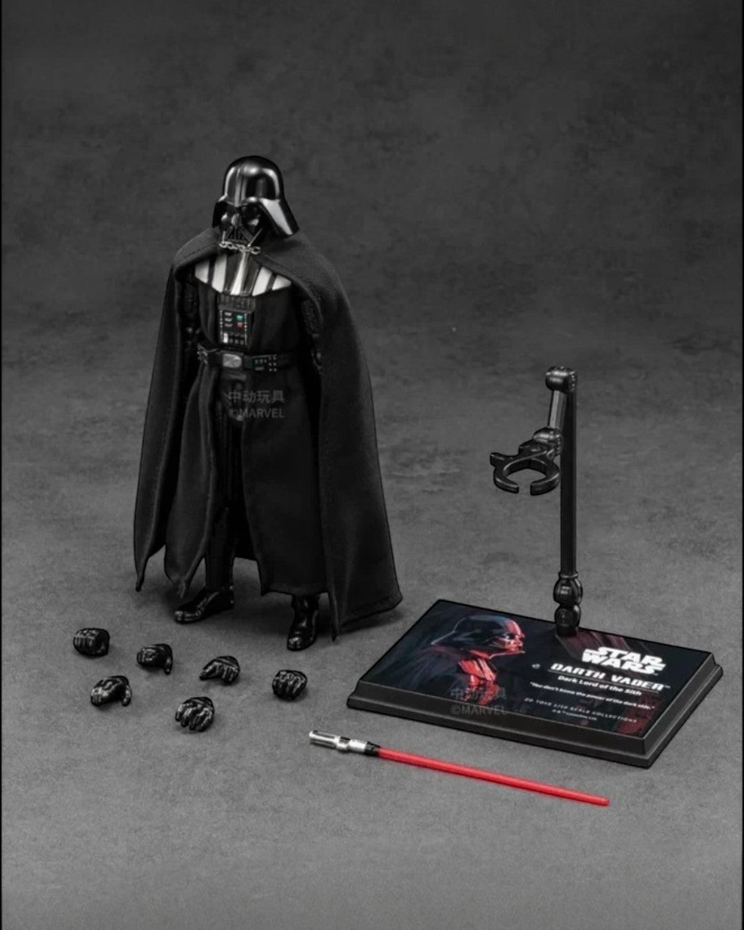 VaultifyUK ZD Toys Darth Vader 1/10 scale action figure with fabric cape, lightsaber, display stand, and extra hands.