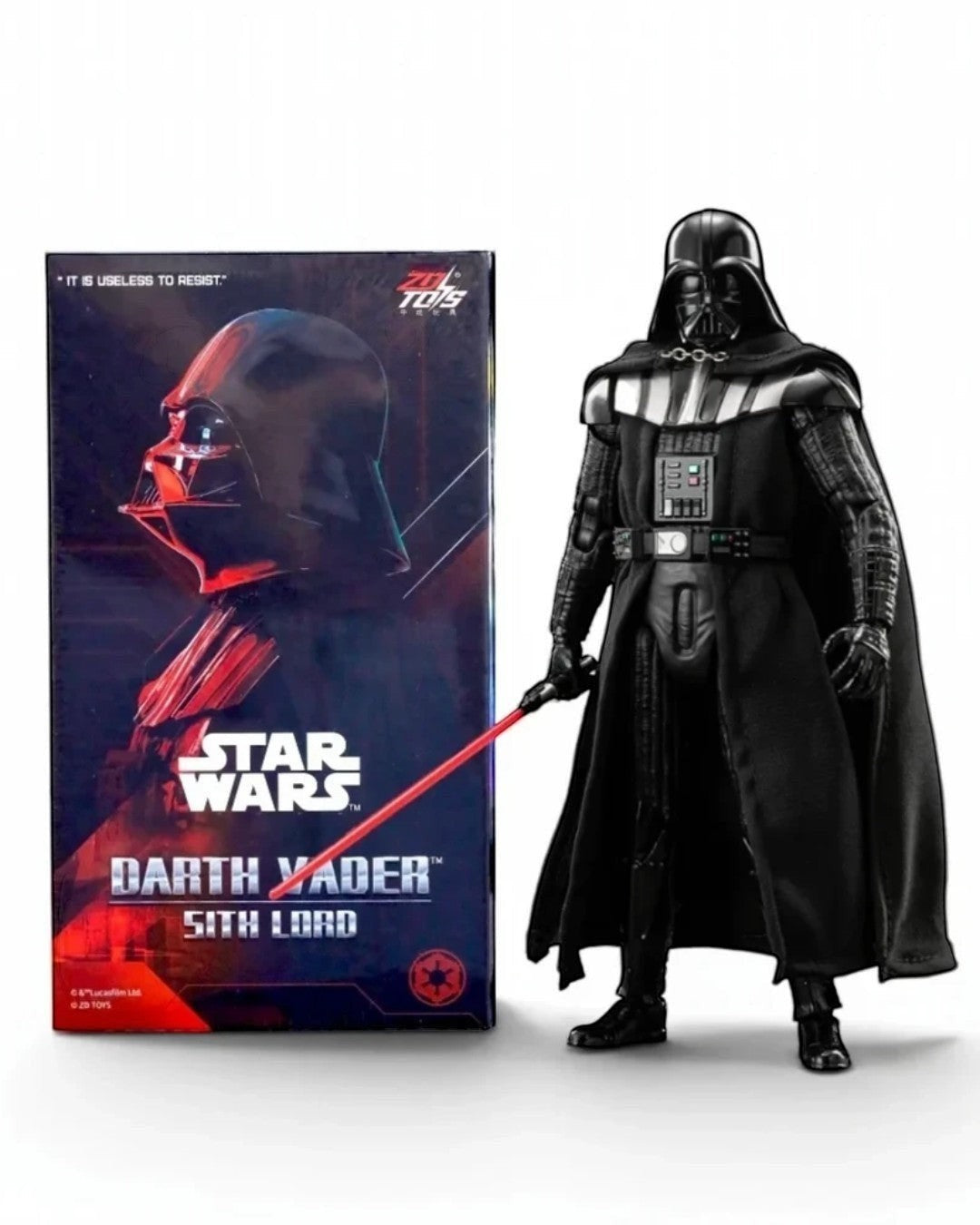 VaultifyUK ZD Toys Darth Vader 1/10 scale action figure with fabric cape and lightsaber next to its display box