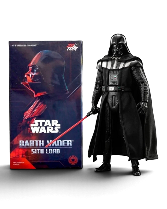 VaultifyUK ZD Toys Darth Vader 1/10 scale action figure with fabric cape and lightsaber next to its display box