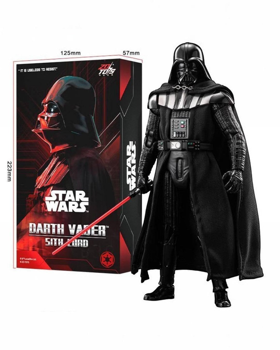 VaultifyUK ZD Toys 1/10 scale Darth Vader action figure with fabric cape and lightsaber next to its branded box
