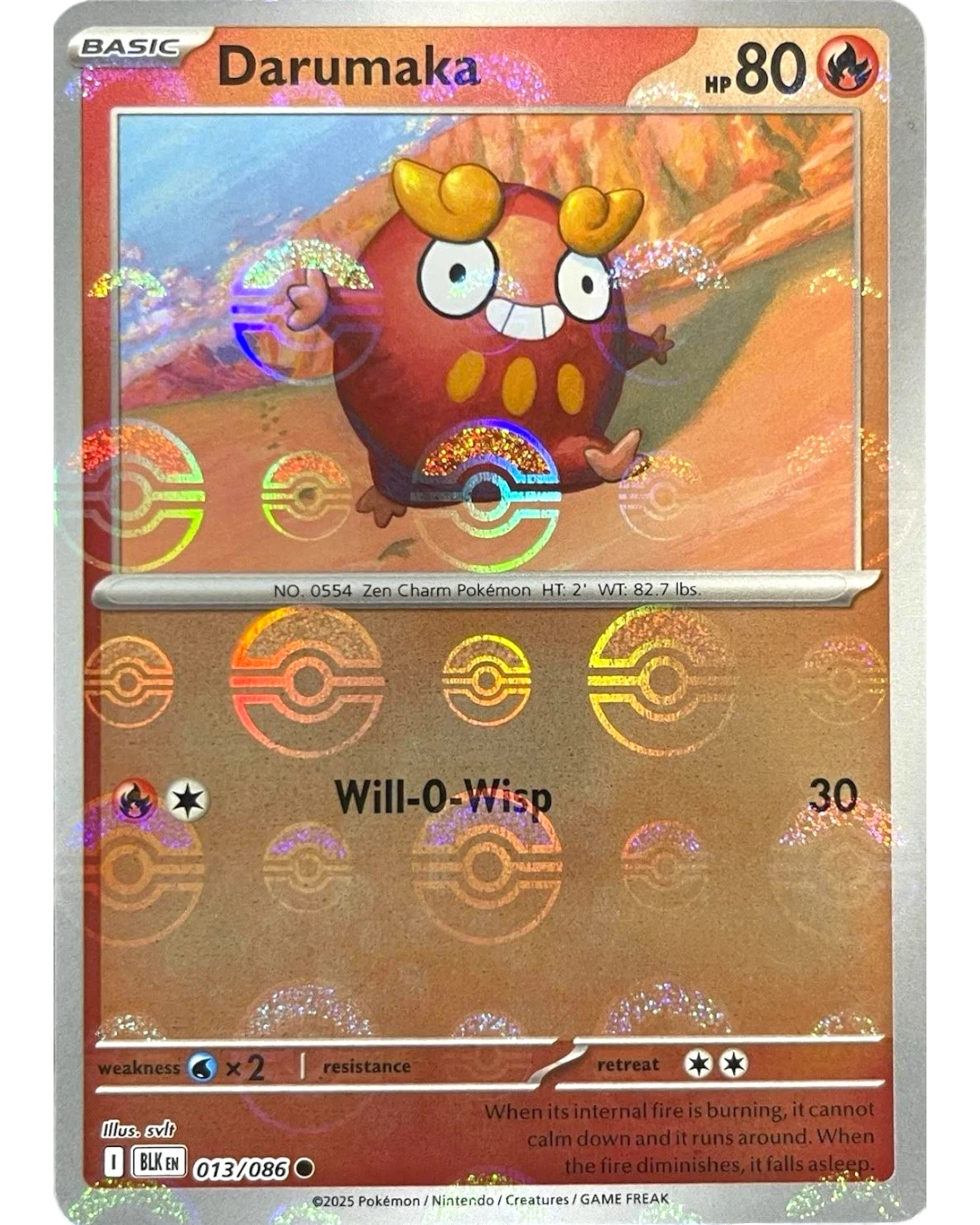 VaultifyUK Darumaka 013/086 Pokémon card featuring a Black Bolt Poké Ball reverse holo pattern on a red fire type