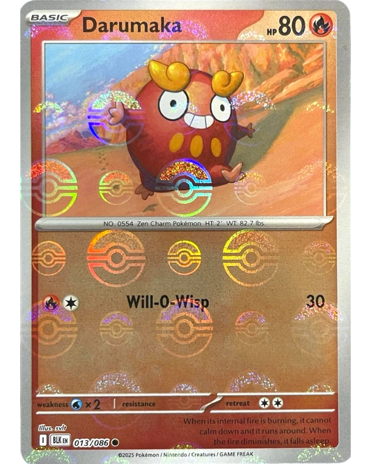 VaultifyUK Darumaka 013/086 Pokémon card featuring a Black Bolt Poké Ball reverse holo pattern on a red fire type
