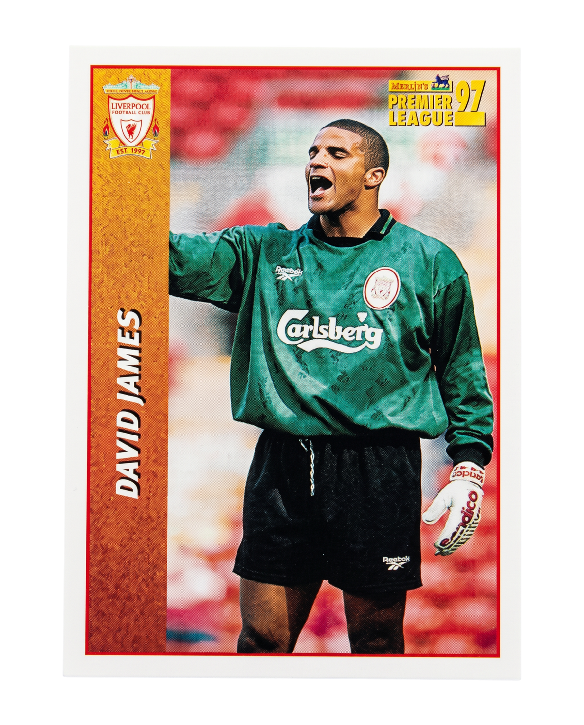 VaultifyUK 1997 Merlin David James goalkeeper sticker featuring the Liverpool player in a green Carlsberg kit
