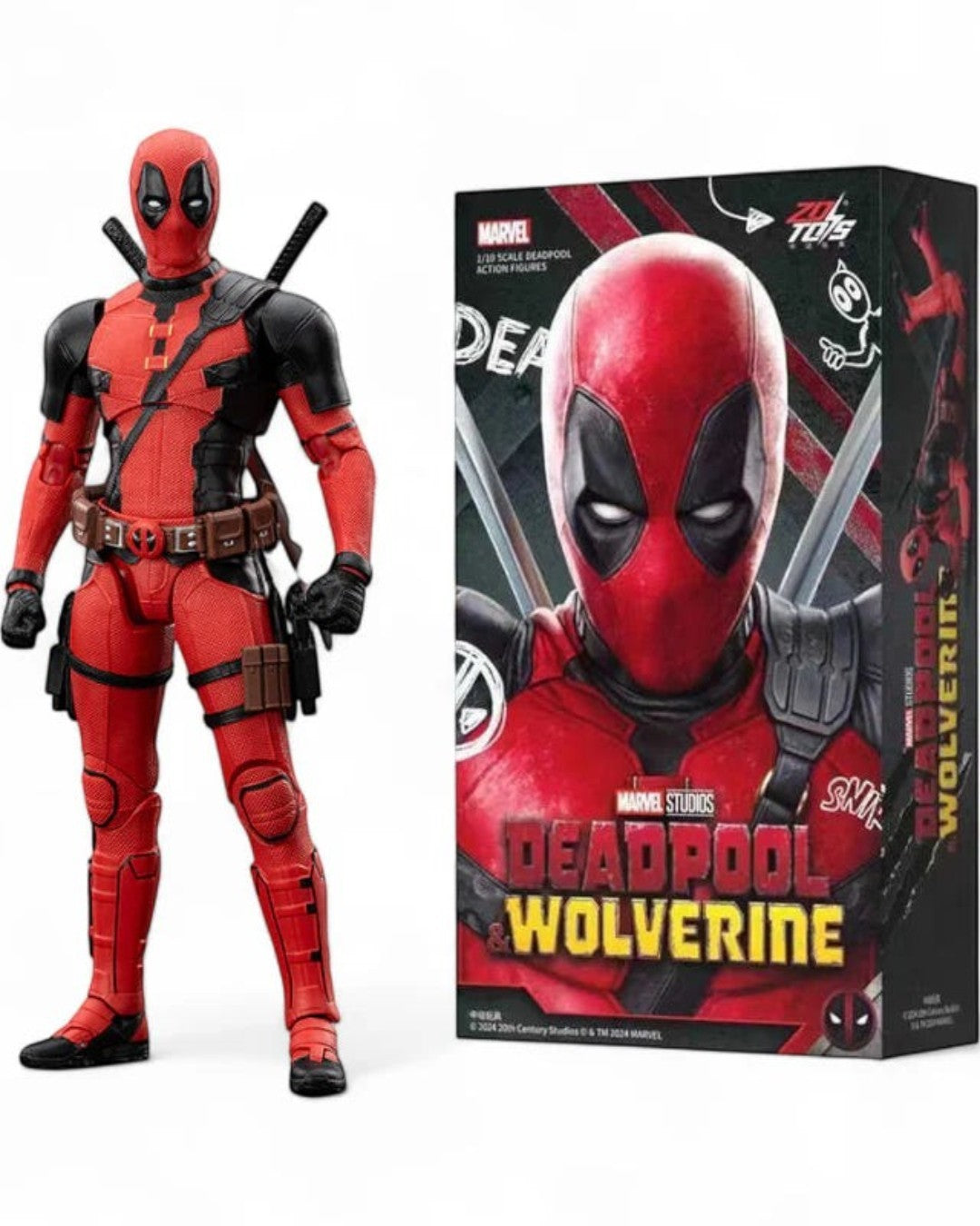 VaultifyUK ZD Toys Deadpool 1/10 scale action figure with red and black suit, twin swords, and branded display box.
