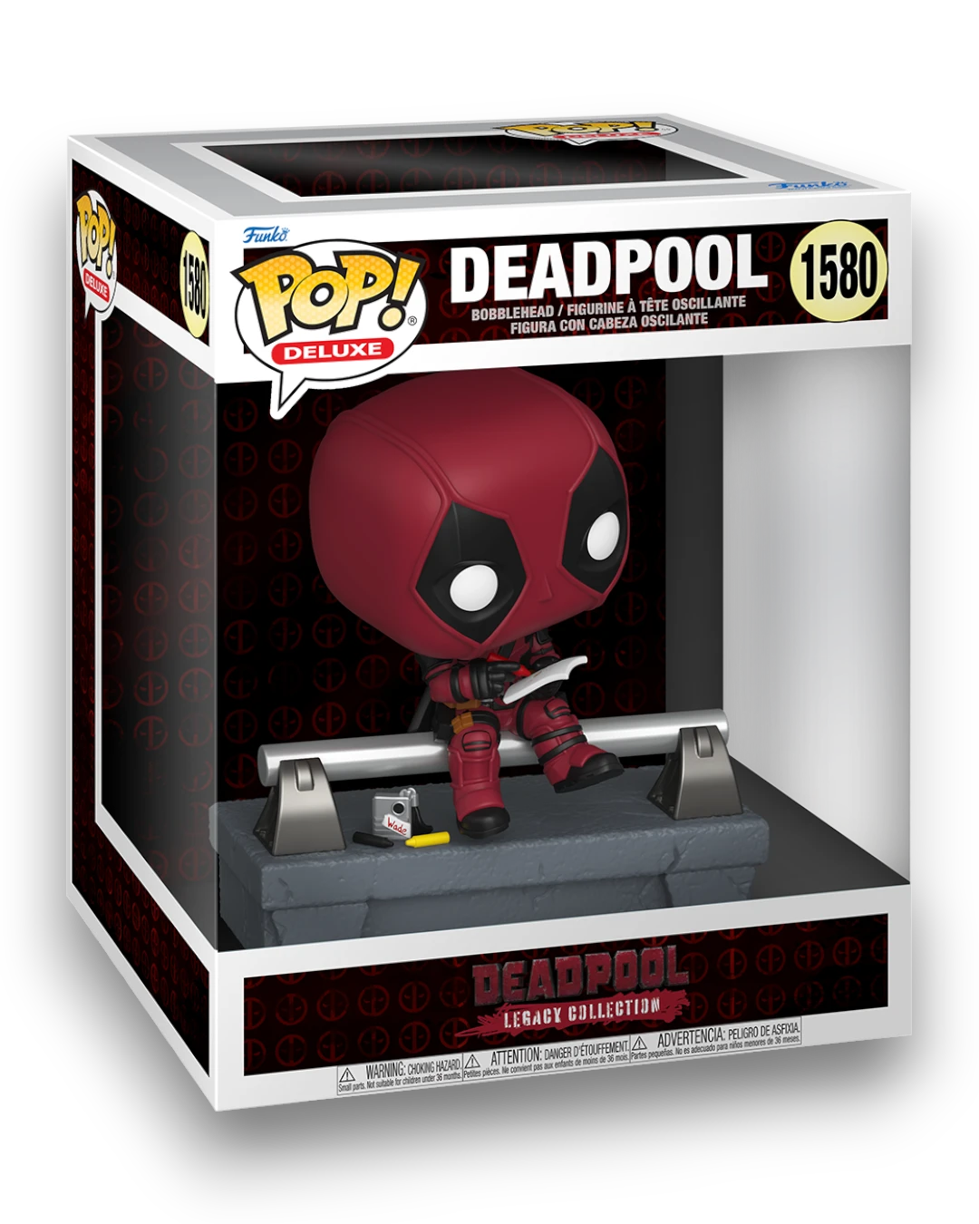 VaultifyUK Funko Pop! Deluxe Deadpool figure sitting on a bridge display base with a bobblehead design.