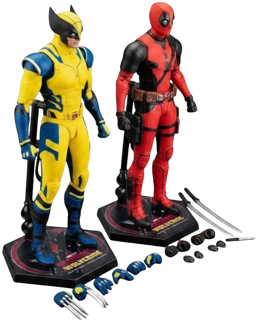 VaultifyUK ZD Toys Deadpool and Wolverine 1/10 scale action figure set with display stands and interchangeable hands