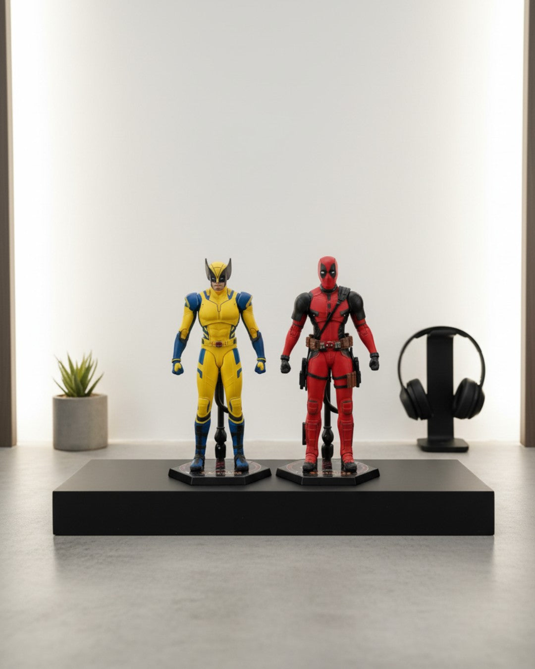 VaultifyUK ZD Toys 1/10 scale Deadpool and Wolverine action figure set standing on display stands