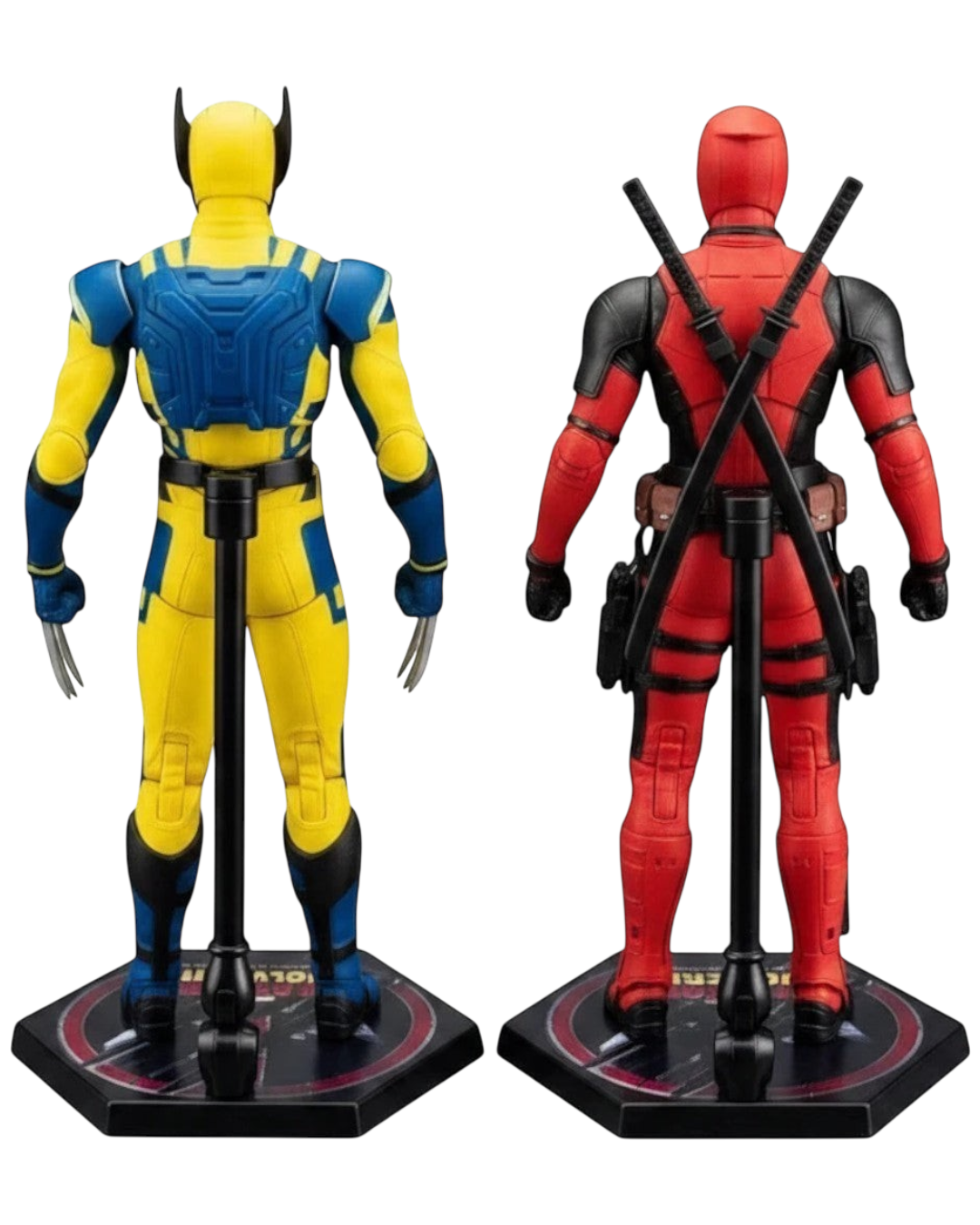 VaultifyUK ZD Toys Deadpool and Wolverine 1/10 scale action figures shown from the back on branded display stands.