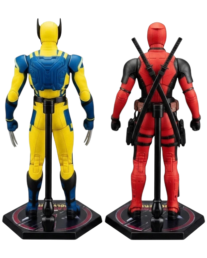 VaultifyUK ZD Toys Deadpool and Wolverine 1/10 scale action figures shown from the back on branded display stands.