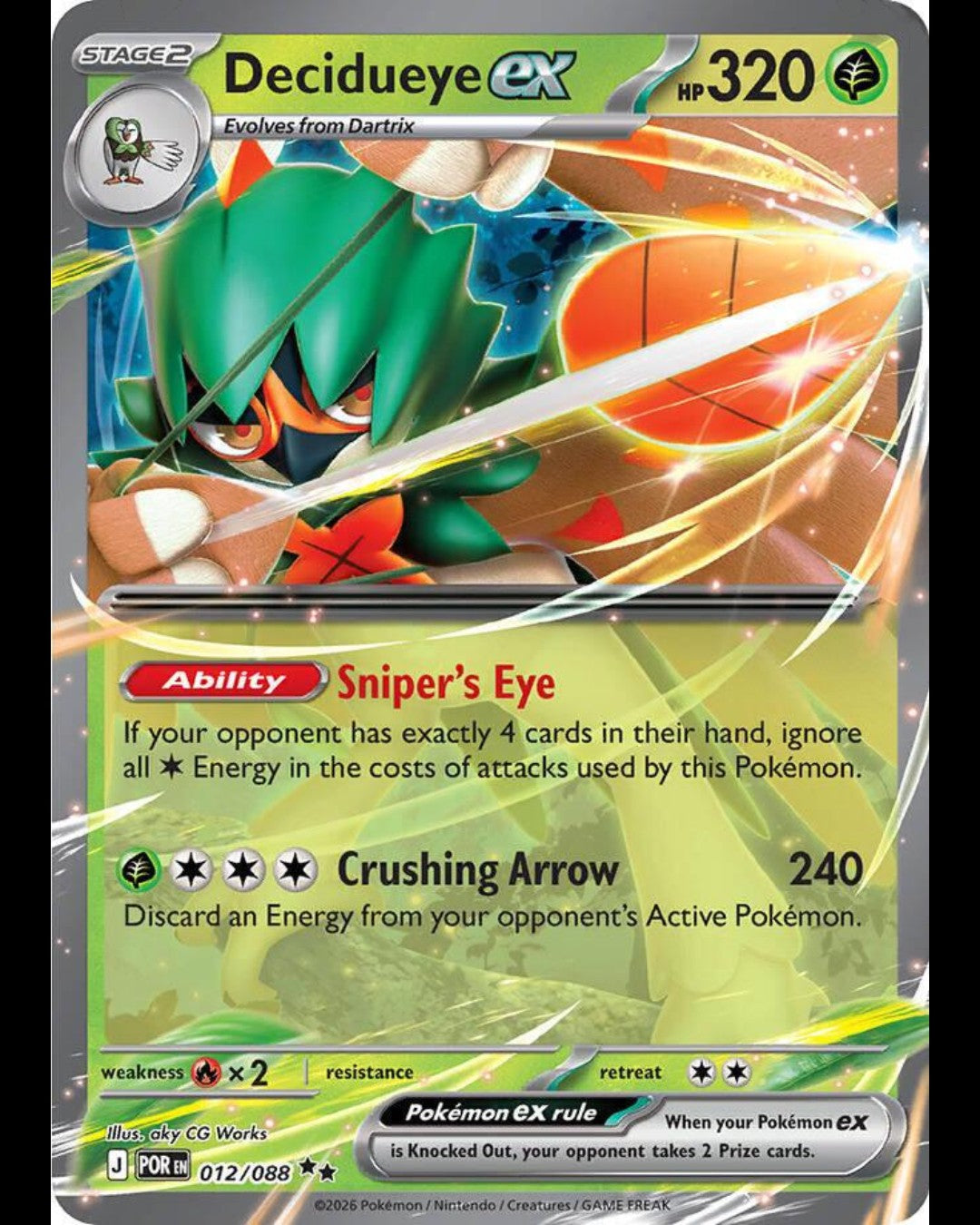 VaultifyUK Decidueye ex 012/088 Pokémon TCG card with extended art, featuring green grass-type design and abilities.