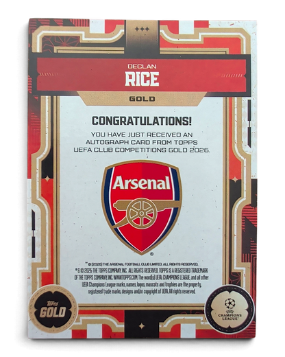 Topps UCC Gold 2025/26 Declan Rice Gold Auto Orange 16/25 autograph card, back, with Arsenal crest