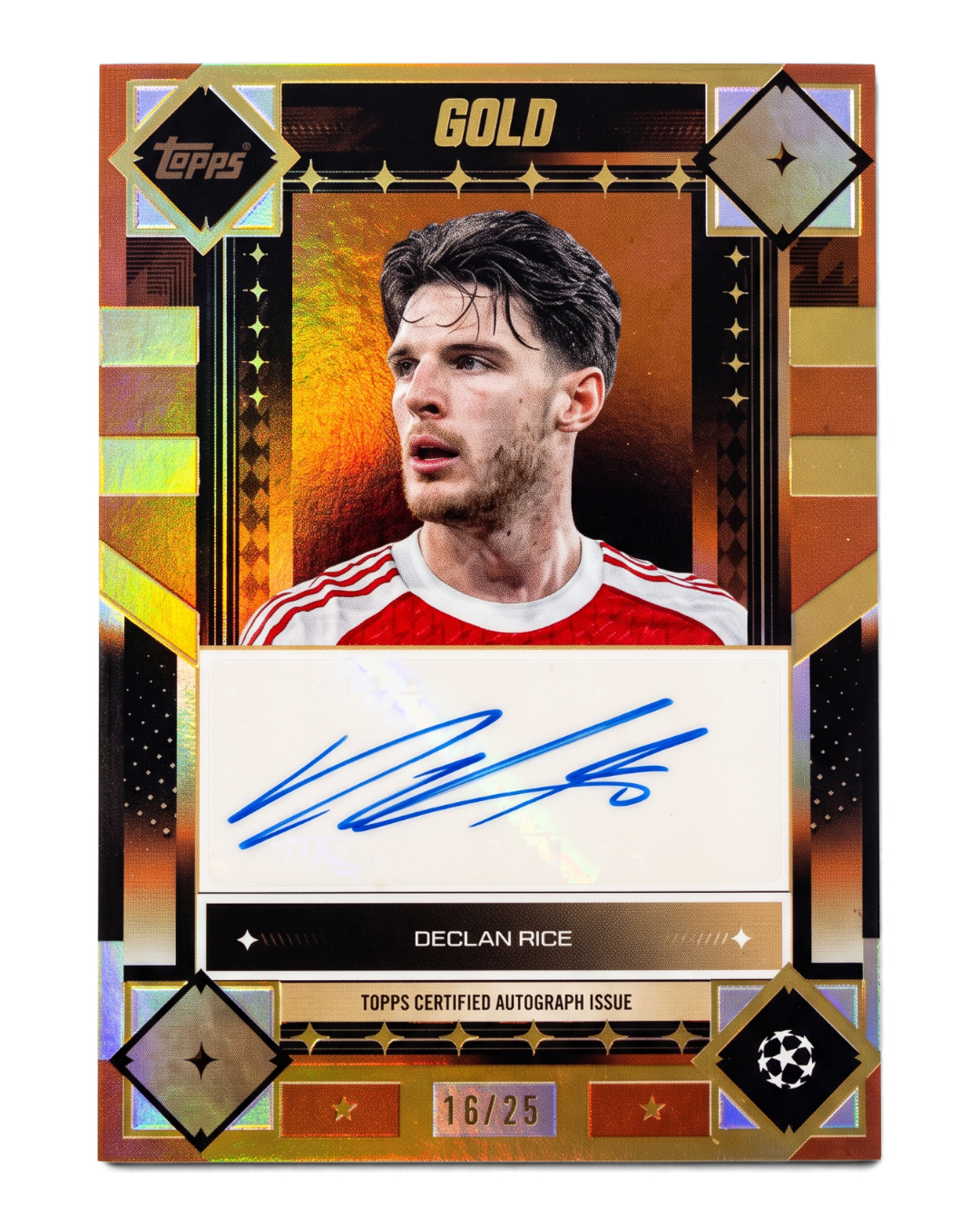 Topps UCC Gold 2025/26 Declan Rice Gold Autographs Orange parallel autograph card, numbered 16/25, front