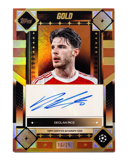 Topps UCC Gold 2025/26 Declan Rice Gold Autographs Orange parallel autograph card, numbered 16/25, front
