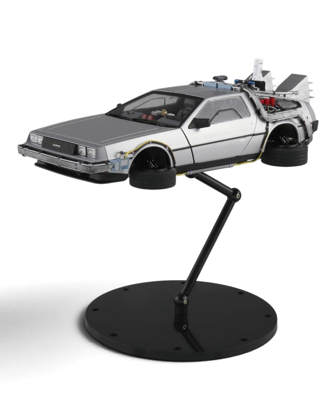 VaultifyUK Aoshima 1:24 scale DeLorean time machine model kit in flying mode with hover wheels and display stand