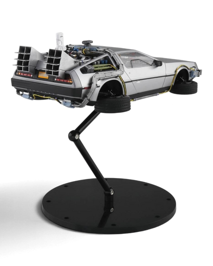 VaultifyUK Aoshima 1:24 scale DeLorean model kit from Back to the Future Part II in flying hover mode on display stand