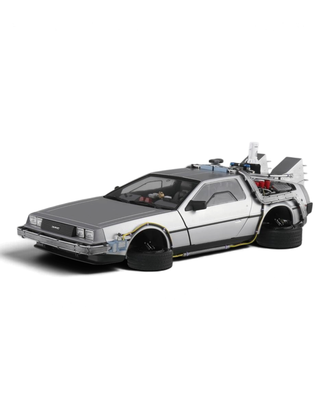 VaultifyUK Aoshima 1:24 scale Back to the Future Part II DeLorean model kit in flying hover mode with folded wheels.